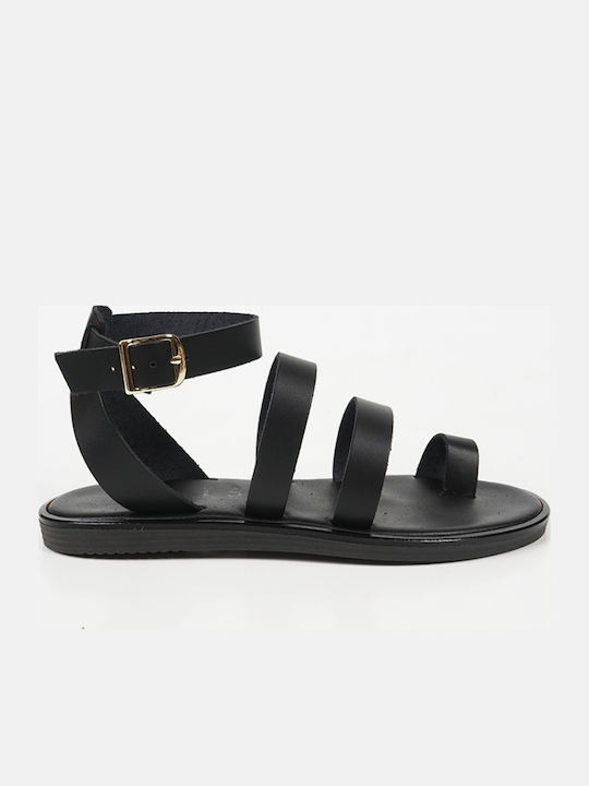 Leather Women's Flat Sandals in Black Color