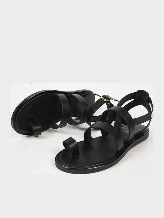 Leather Women's Flat Sandals in Black Color