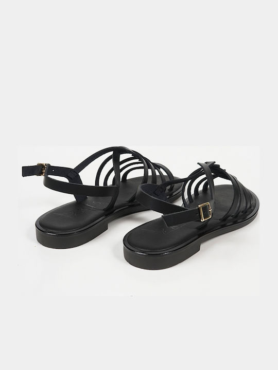 Leather Women's Flat Sandals in Black Color