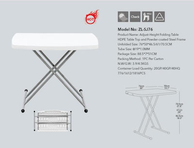 Auxiliary Outdoor Foldable Table with Plastic Surface and Metal Frame White 76x49x72cm