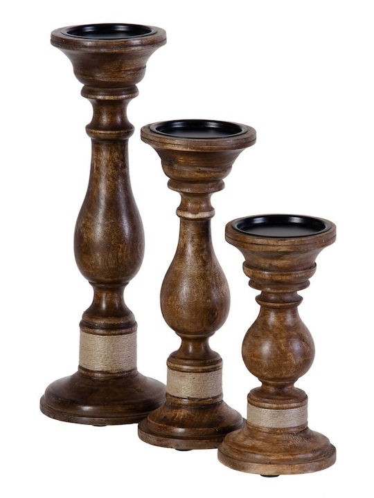 BigBuy Set of Candle Holders Wooden in Brown Color 14x38cm 3pcs