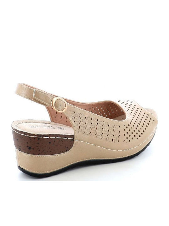 Women's Leather Ankle Strap Platforms Beige