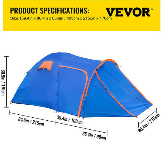 Vevor Camping Tent Tunnel Blue 3 Seasons for 3 People 405x215x170cm