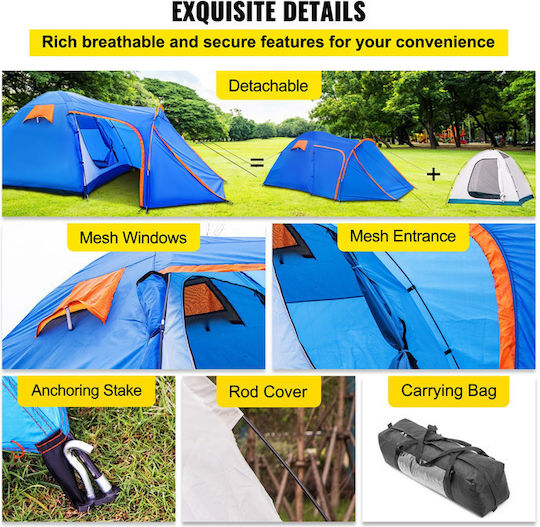 Vevor Camping Tent Tunnel Blue 3 Seasons for 3 People 405x215x170cm