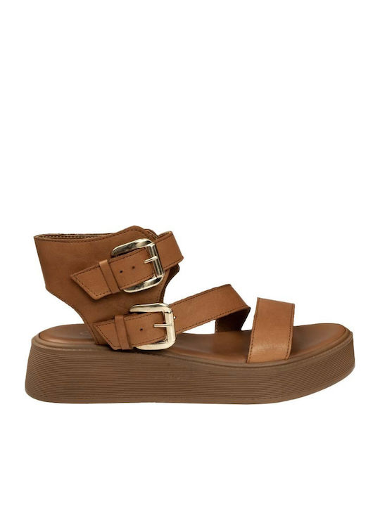 Leder Flache Sandalen für Damen Flatforms in Tabac Braun Farbe