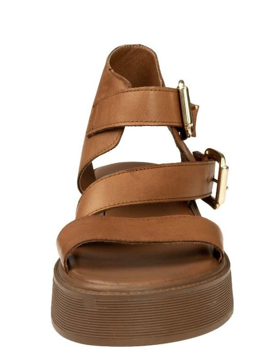 Leder Flache Sandalen für Damen Flatforms in Tabac Braun Farbe