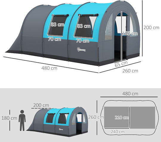 Outsunny Σκηνή Camping Τούνελ Γκρι 4 Εποχών για 5 Άτομα 480x260x200εκ.