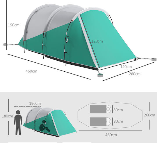 Outsunny Σκηνή Camping Τούνελ Πράσινη 4 Εποχών για 4 Άτομα 460x260x190εκ.