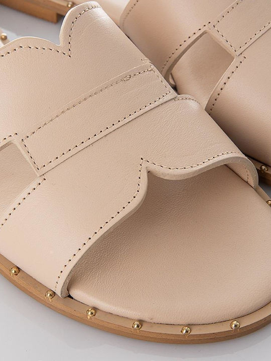 Leder Flache Sandalen für Damen in Ecru Farbe