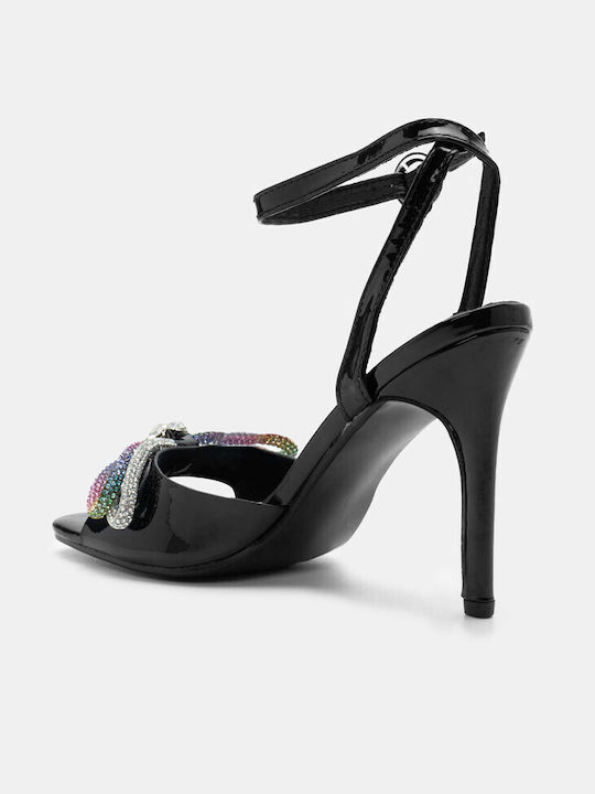 Luigi Synthetic Leather Women's Sandals with Strass & Ankle Strap Black with High Heel