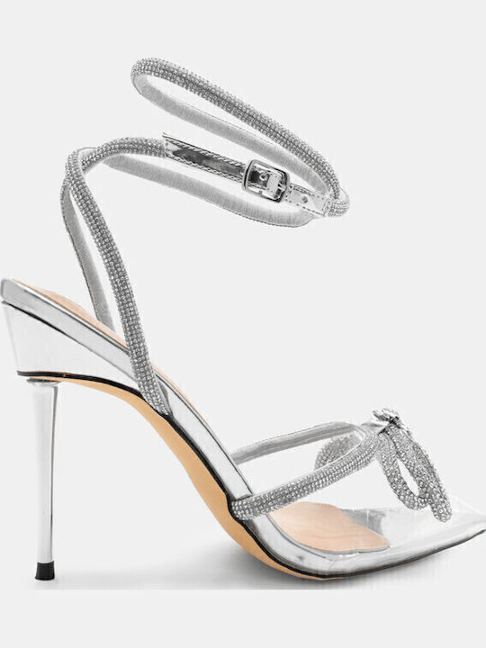 Synthetic Leather Pointed Toe Silver High Heels with Strap