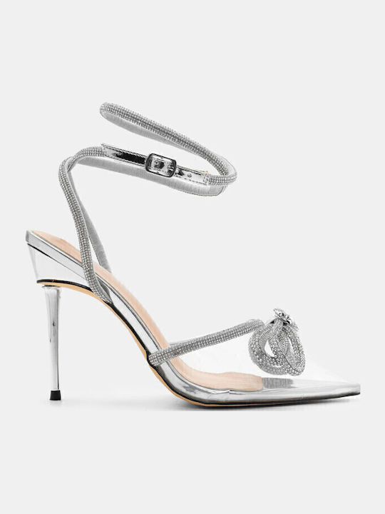 Synthetic Leather Pointed Toe Silver High Heels with Strap