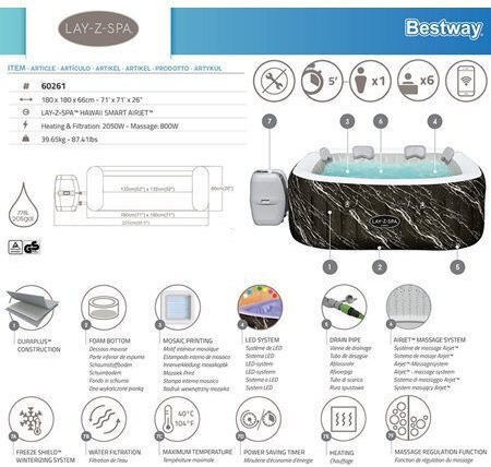 Bestway Quadratisches Aufblasbares Schwimmbecken mit Hydromassage 66x66x180cm Schwarze