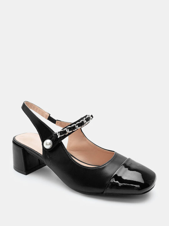 Luigi Synthetic Leather Pointed Toe Black Medium Heels with Strap