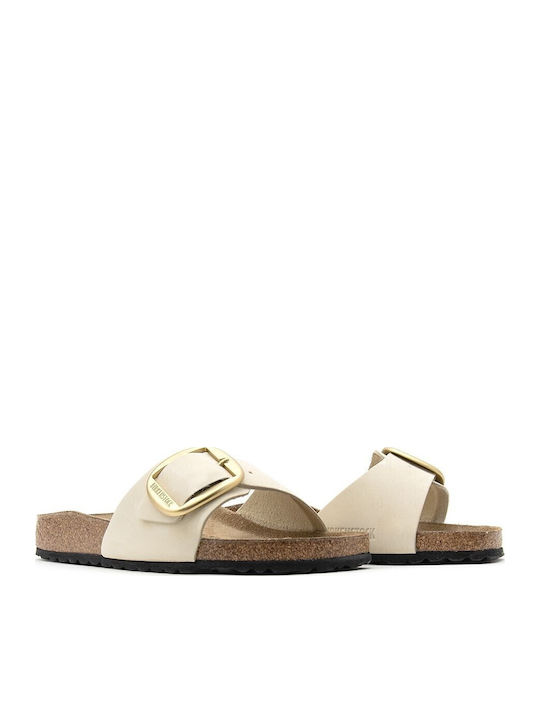 Classic Madrid Big Buckle Leather Women's Flat Sandals Anatomic in Ecru Color Narrow Fit