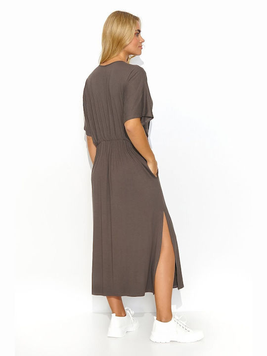 Makadamia Sommer Midi Kleid mit Schlitz Braun