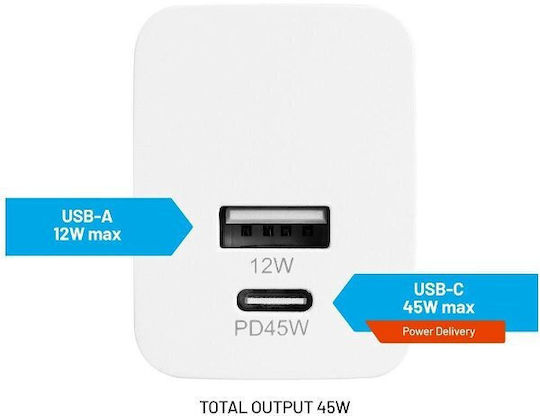 Fixed Φορτιστής Χωρίς Καλώδιο με Θύρα USB-A και Θύρα USB-C 45W Power Delivery Λευκός (Charge Mini S)