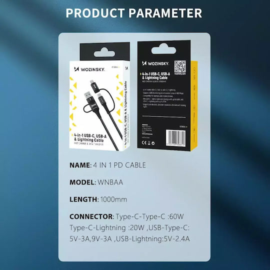 Wozinsky Regular Cablu USB la Type-C / Lightning cu mai multe porturi 4A Negru 1m (HU-5907769308819)