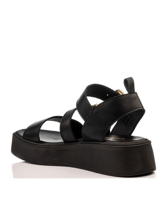 Leder Flache Sandalen für Damen mit Riemen Flatforms in Schwarz Farbe