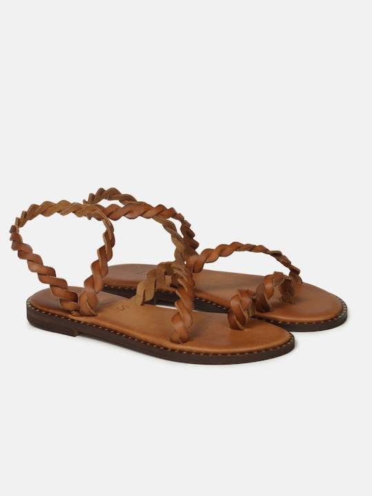 IRIS Leather Women's Flat Sandals with Strap in Tabac Brown Color