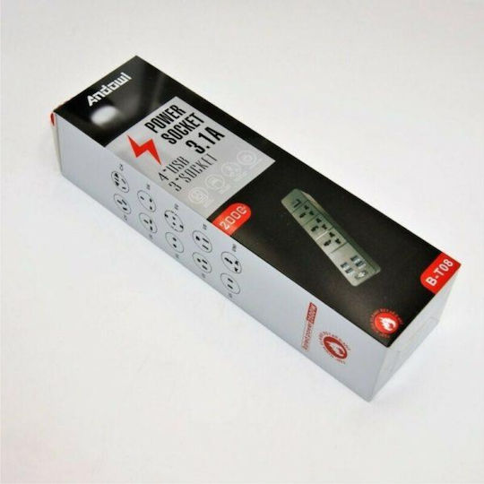 Andowl Πολύπριζο 3 Θέσεων με 4 USB-A και Καλώδιο 2m