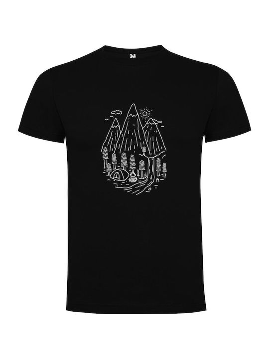 iLovePrints Ink Mountains Camping Scene T-shirt Black