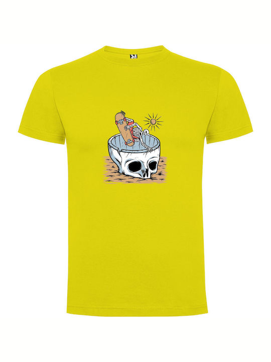 iLovePrints Skateboarding Skeleton Illustration T-shirt Yellow