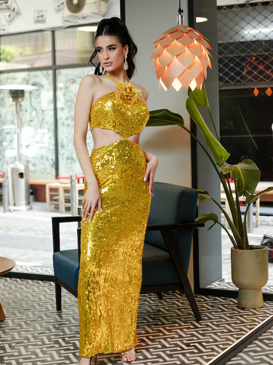 Gold Sequin Evening Dress with Sexy Waist Cutouts