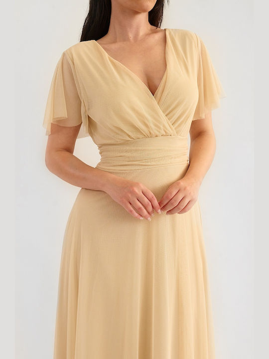 Kandy Beige Maxi Dress with Tulle Sleeves