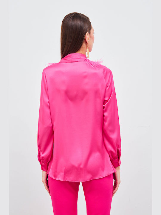 Pink Elegant Satin Blouse with Scarf Feathers