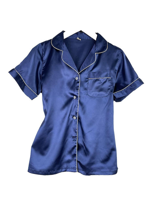 Women's Satin Pyjama Set Short Sleeve Shirt Shorts Slim Fit Blue