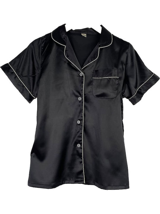 Women's Satin Pajama Set Short Sleeve Shirt Shorts Slim Fit Black