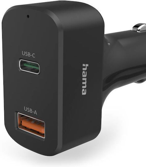HAMA Adaptor Încărcător Auto 65W 3.25A Încărcare Rapidă Cu Porturi 1xUSB-A 1xType-C