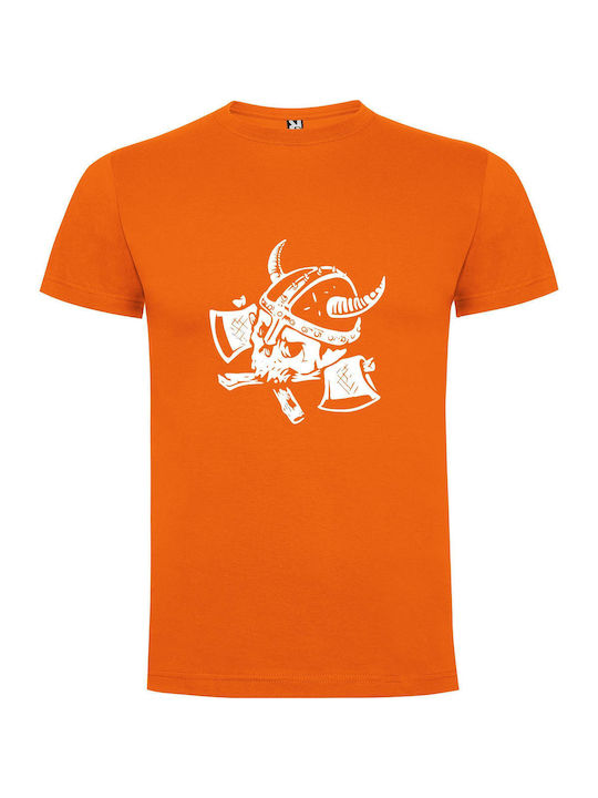 iLovePrints Horned Viking Skull Illustration T-shirt Orange