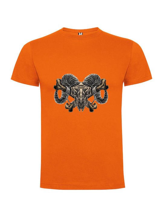 iLovePrints Horned Demon Skull Art T-shirt Orange