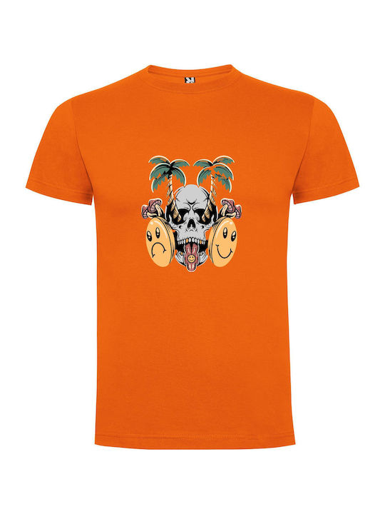 iLovePrints Rockin' Skulls & Palms T-shirt Orange