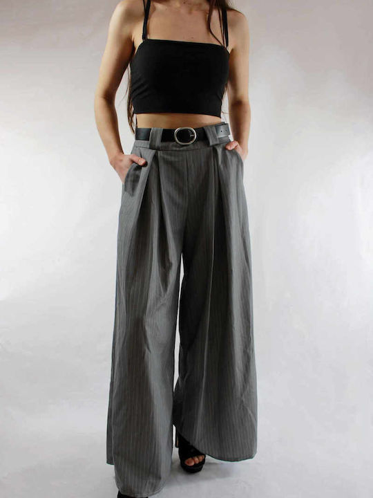 Sinell Damen Stoff Palazzo-Hose mit Gummizug Gestreift Gray