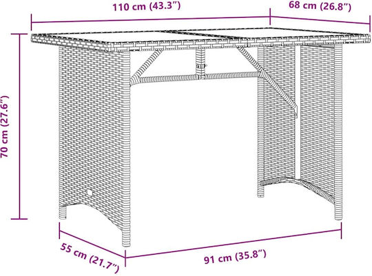 Masa pentru spații exterioare Rattan cu suprafață din sticlă Bej 110x68x70buc