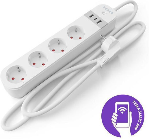 Tesla Inteligent Bandă de alimentare 4 Prize cu USB-A, USB-C și Cablu 2m