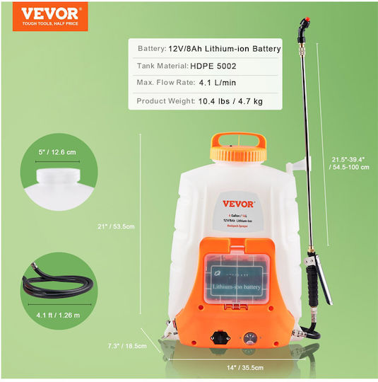 Vevor Pulverizator cu rucsac 12V cu Baterie 8Ah cu Capacitate 15lt în culoarea Alb