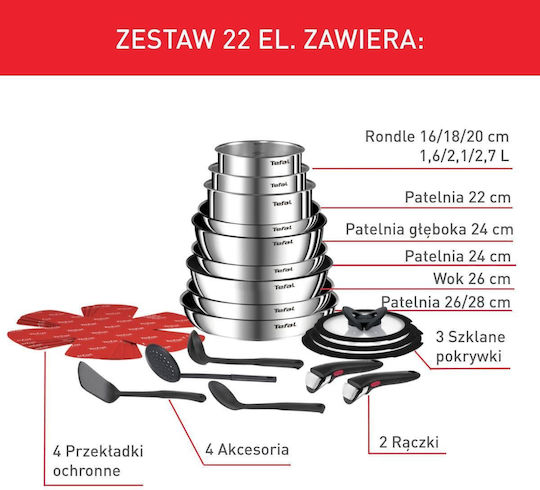 Tefal Ingenio Emotion Σετ Μαγειρικά Σκεύη από Ανοξείδωτο Ατσάλι Silver με Αντικολλητική Επίστρωση 9τμχ