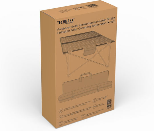 Technaxx Tx-252 Solar Charging Camping Table 60 W Size 80.5 X 66 X 56 Cm Foldable 2xusb-a 1xusb-c 1xdc5521 Black