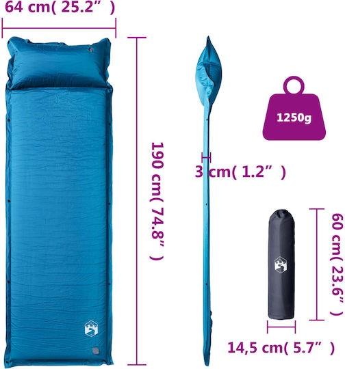 vidaXL Self-Inflating Single Camping Sleeping Mat 190x64cm Thickness 3cm in Turquoise color