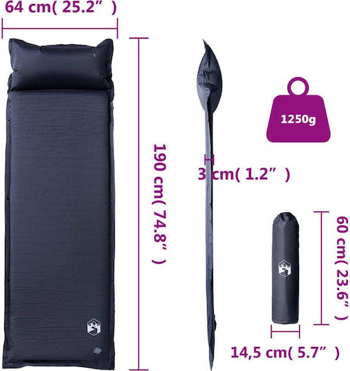 vidaXL Самонадуване Единично Подложка за къмпинг 190x64см С дебелина 3см в Сив цвят
