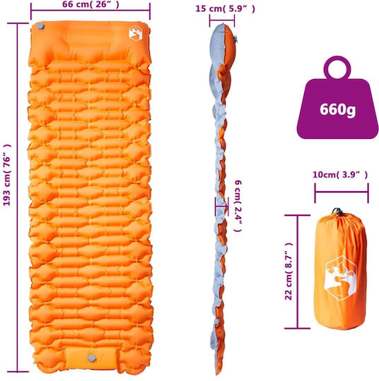 vidaXL Self-Inflating Semi-double Camping Sleeping Mat 193x66cm Thickness 6cm Orange