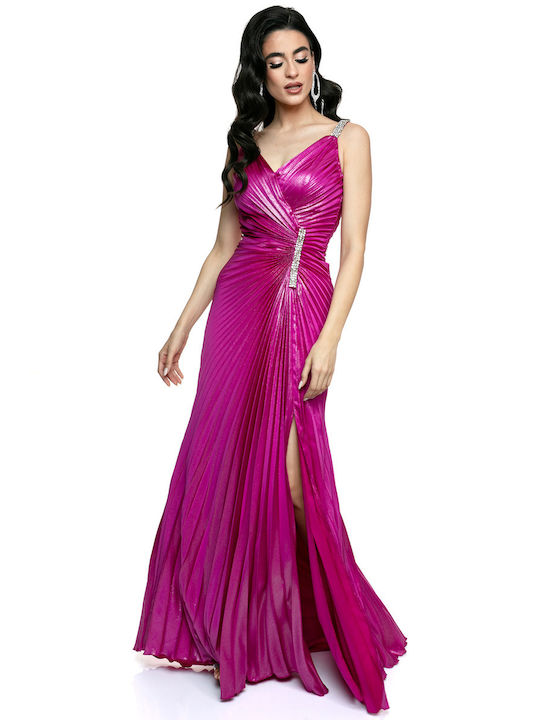 Pleated Glamour Dress with Rhinestone Slit