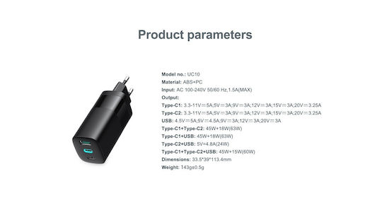 Havit Charger Without Cable with USB-A Port and 2 USB-C Ports 65W Power Delivery Blacks (UC10)