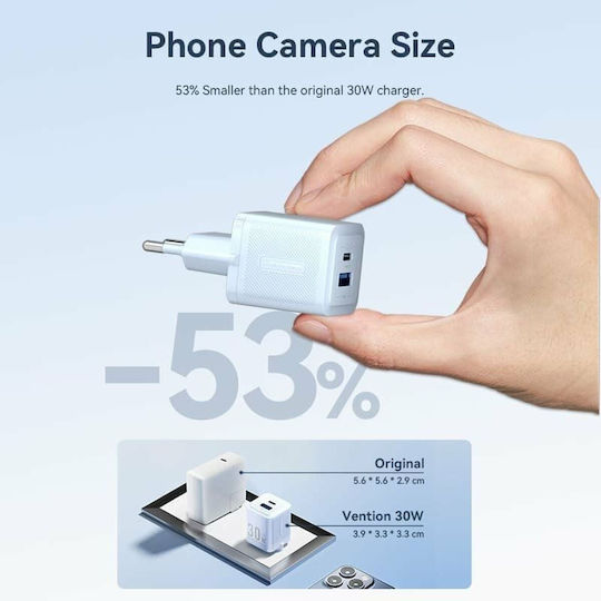 Vention Φορτιστής Χωρίς Καλώδιο GaN με Θύρα USB-A και Θύρα USB-C 30W Power Delivery / Quick Charge 3.0 Μαύρος (FEQB0-EU)