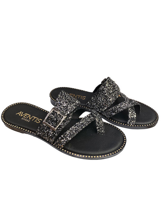 Aventis Shoes Leather Women's Flat Sandals in Black Color