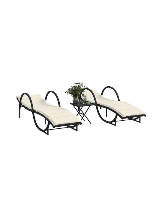 Deckchair Rattan with Cushion Black with Table 2pcs 199x55x42cm.